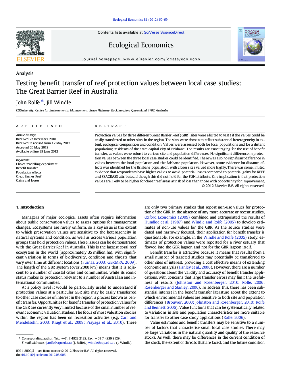 Testing benefit transfer of reef protection values between local case studies: The Great Barrier Reef in Australia