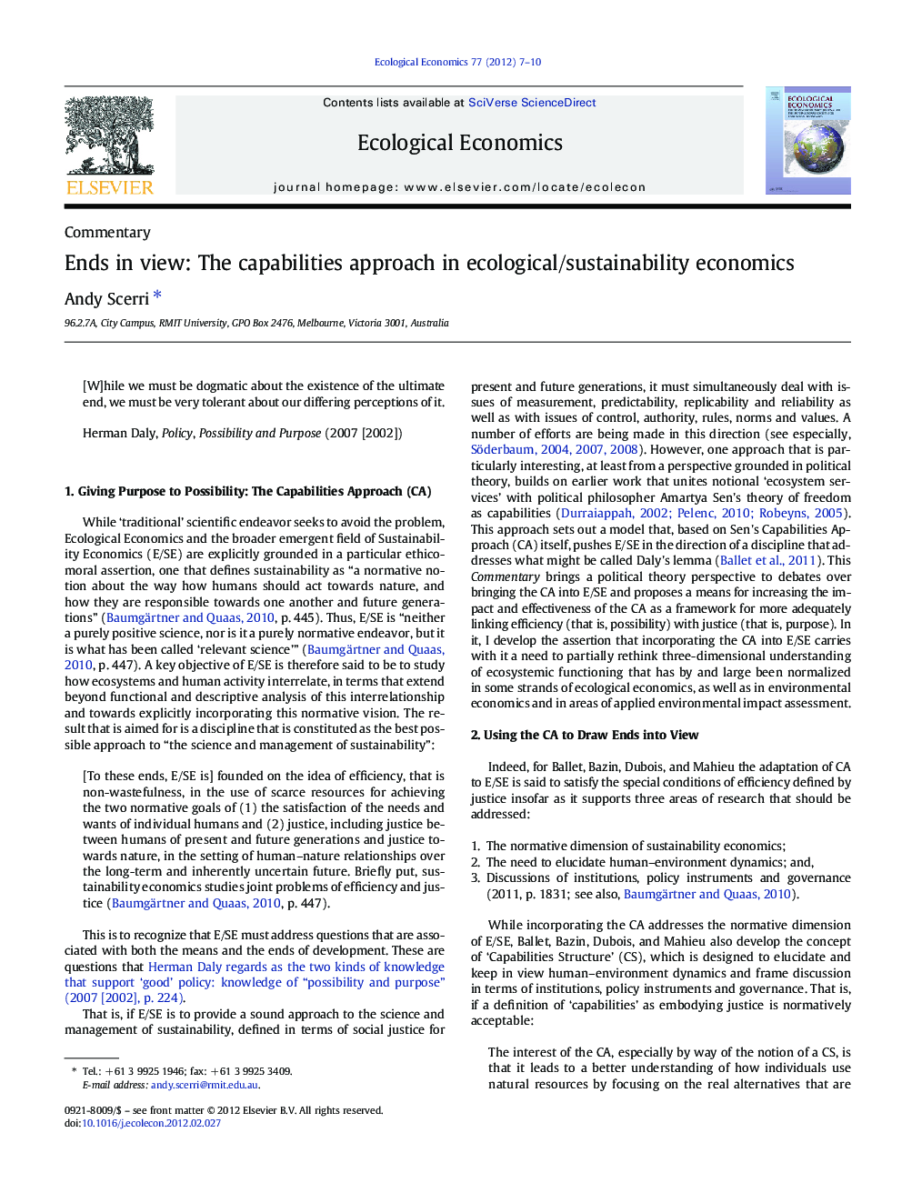 Ends in view: The capabilities approach in ecological/sustainability economics