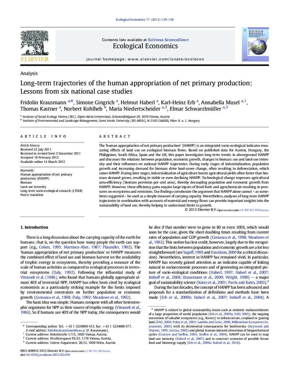 Long-term trajectories of the human appropriation of net primary production: Lessons from six national case studies