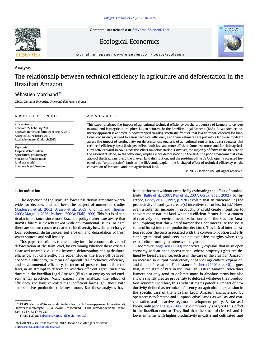 The relationship between technical efficiency in agriculture and deforestation in the Brazilian Amazon