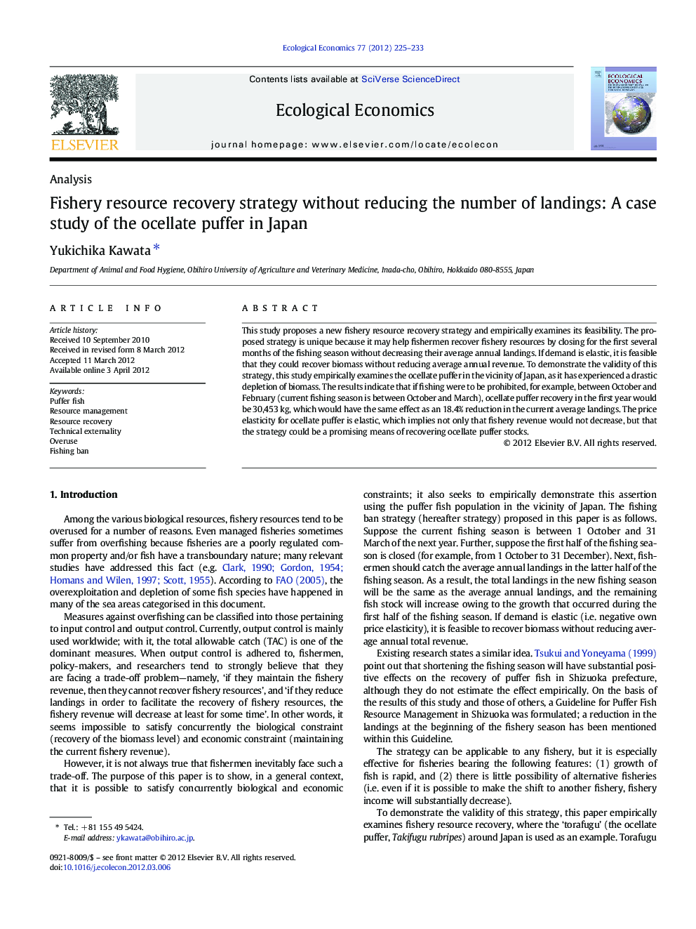 Fishery resource recovery strategy without reducing the number of landings: A case study of the ocellate puffer in Japan