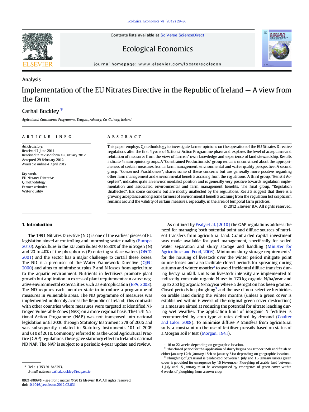 Implementation of the EU Nitrates Directive in the Republic of Ireland - A view from the farm