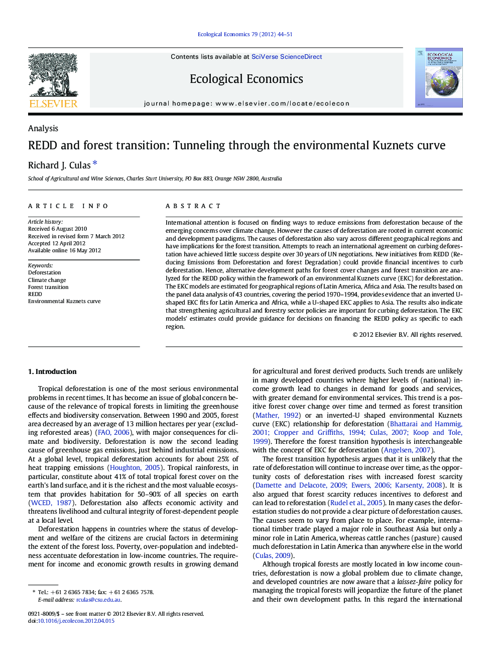 REDD and forest transition: Tunneling through the environmental Kuznets curve