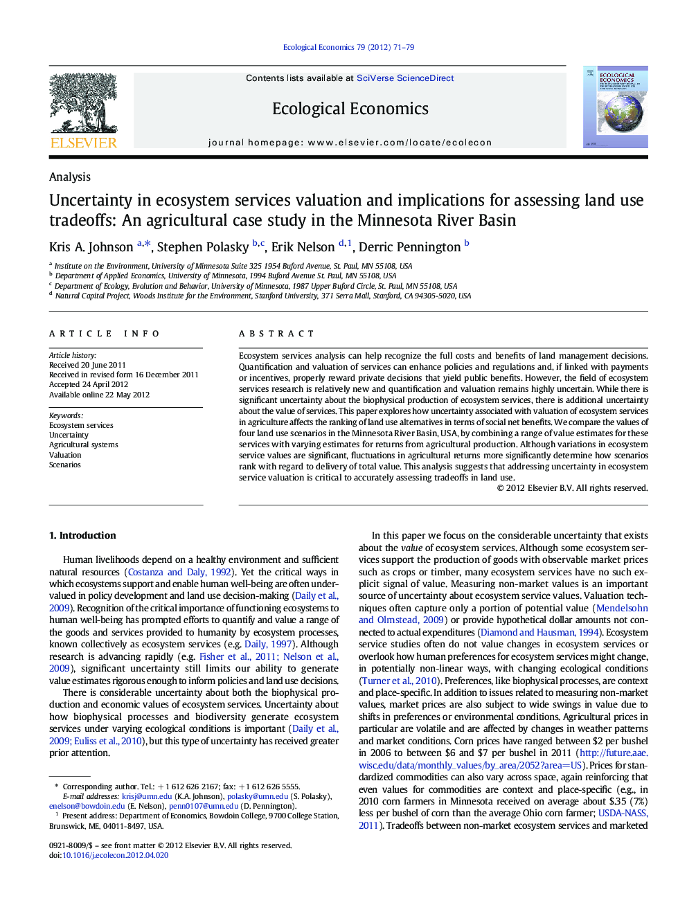 Uncertainty in ecosystem services valuation and implications for assessing land use tradeoffs: An agricultural case study in the Minnesota River Basin