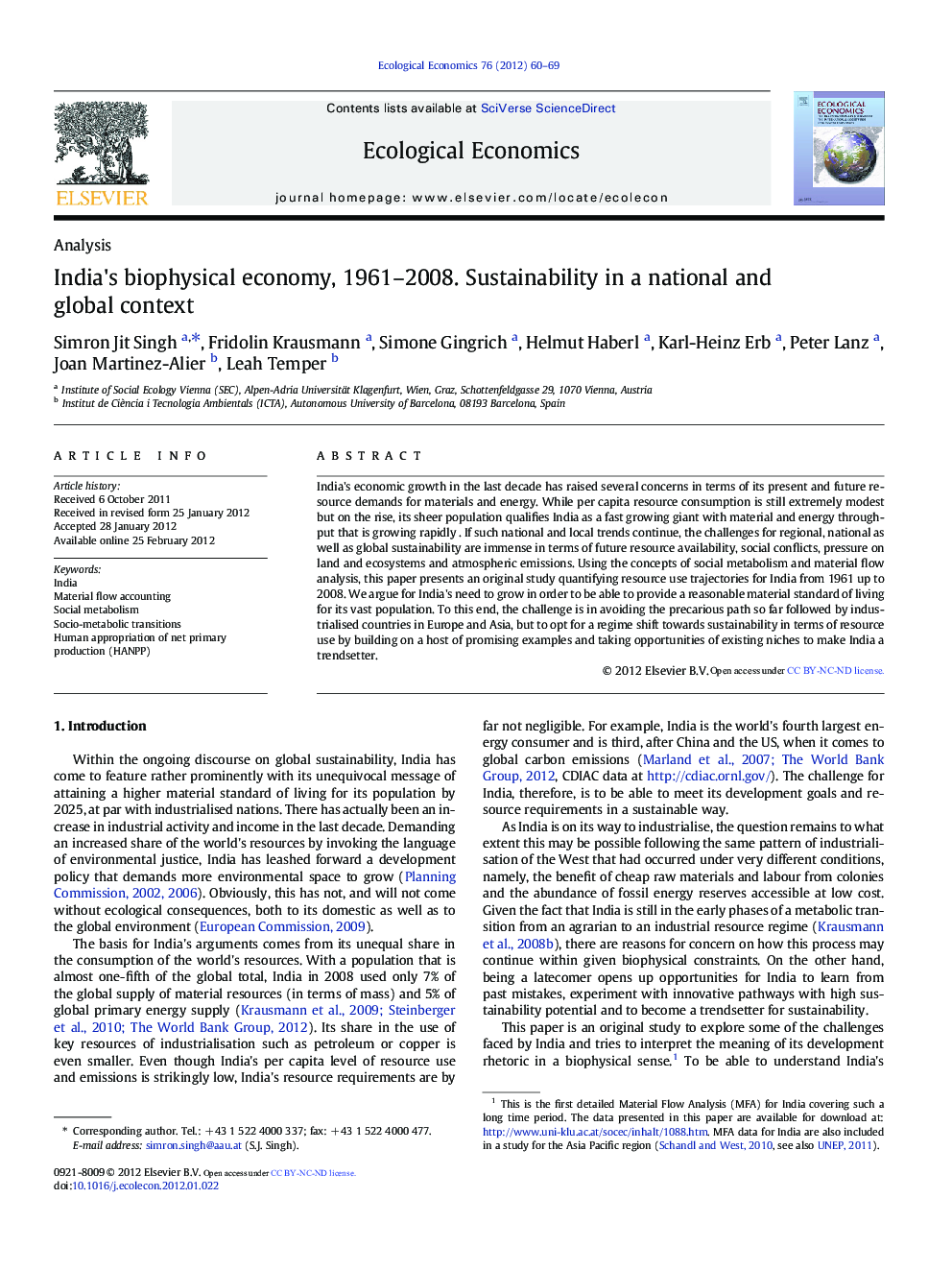 India's biophysical economy, 1961-2008. Sustainability in a national and global context