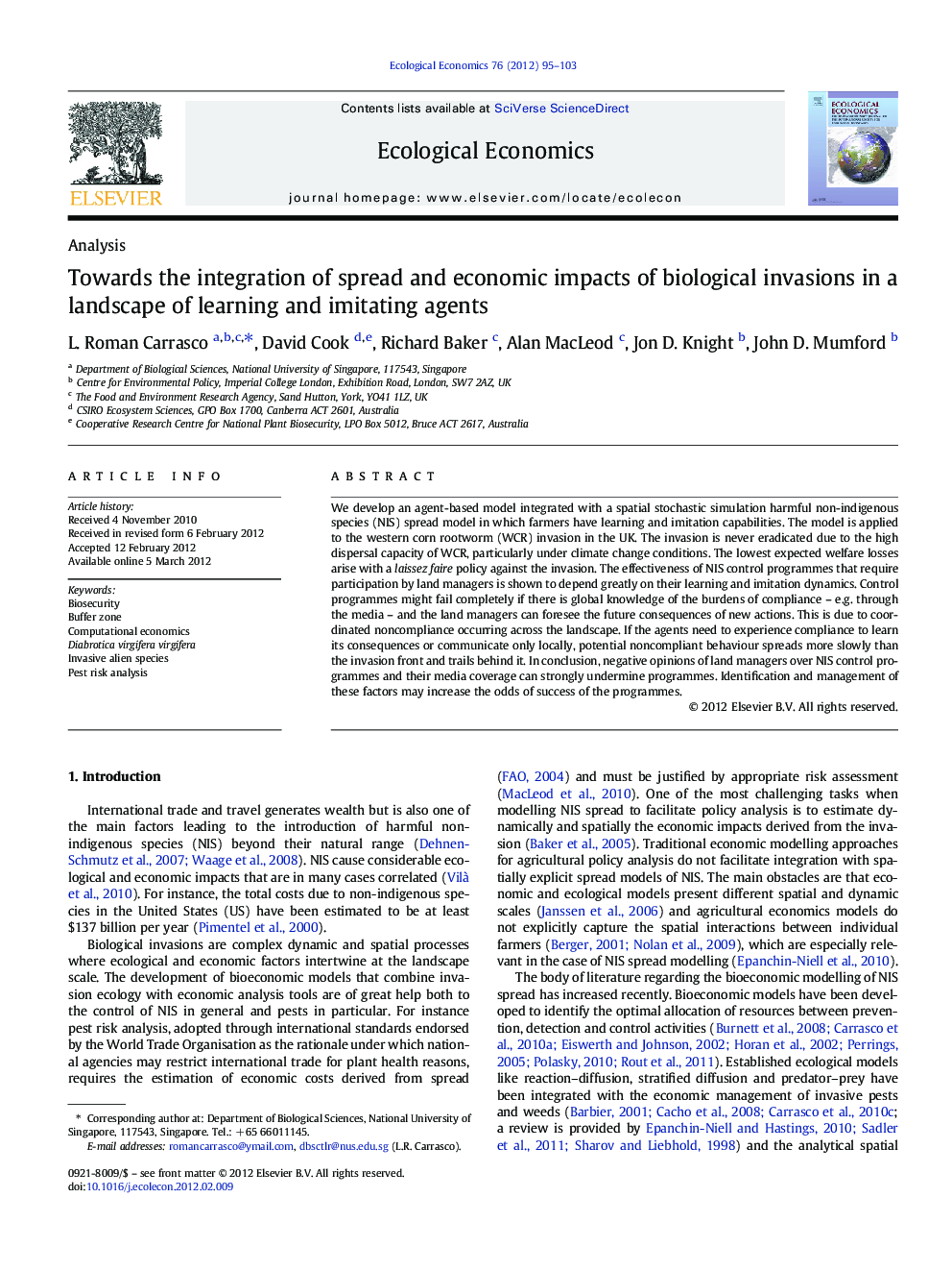 Towards the integration of spread and economic impacts of biological invasions in a landscape of learning and imitating agents