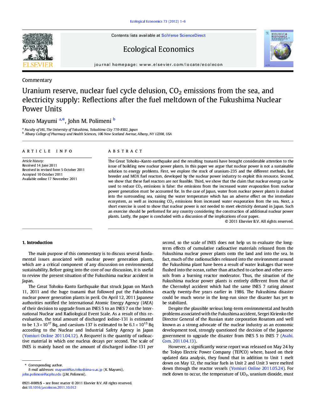Uranium reserve, nuclear fuel cycle delusion, CO2 emissions from the sea, and electricity supply: Reflections after the fuel meltdown of the Fukushima Nuclear Power Units