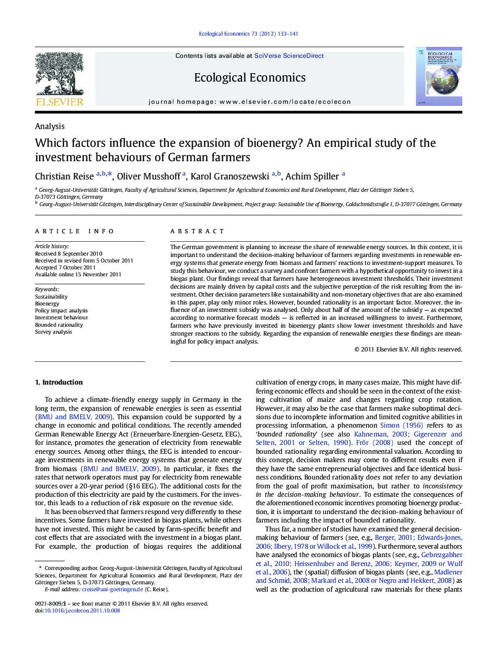 Which factors influence the expansion of bioenergy? An empirical study of the investment behaviours of German farmers