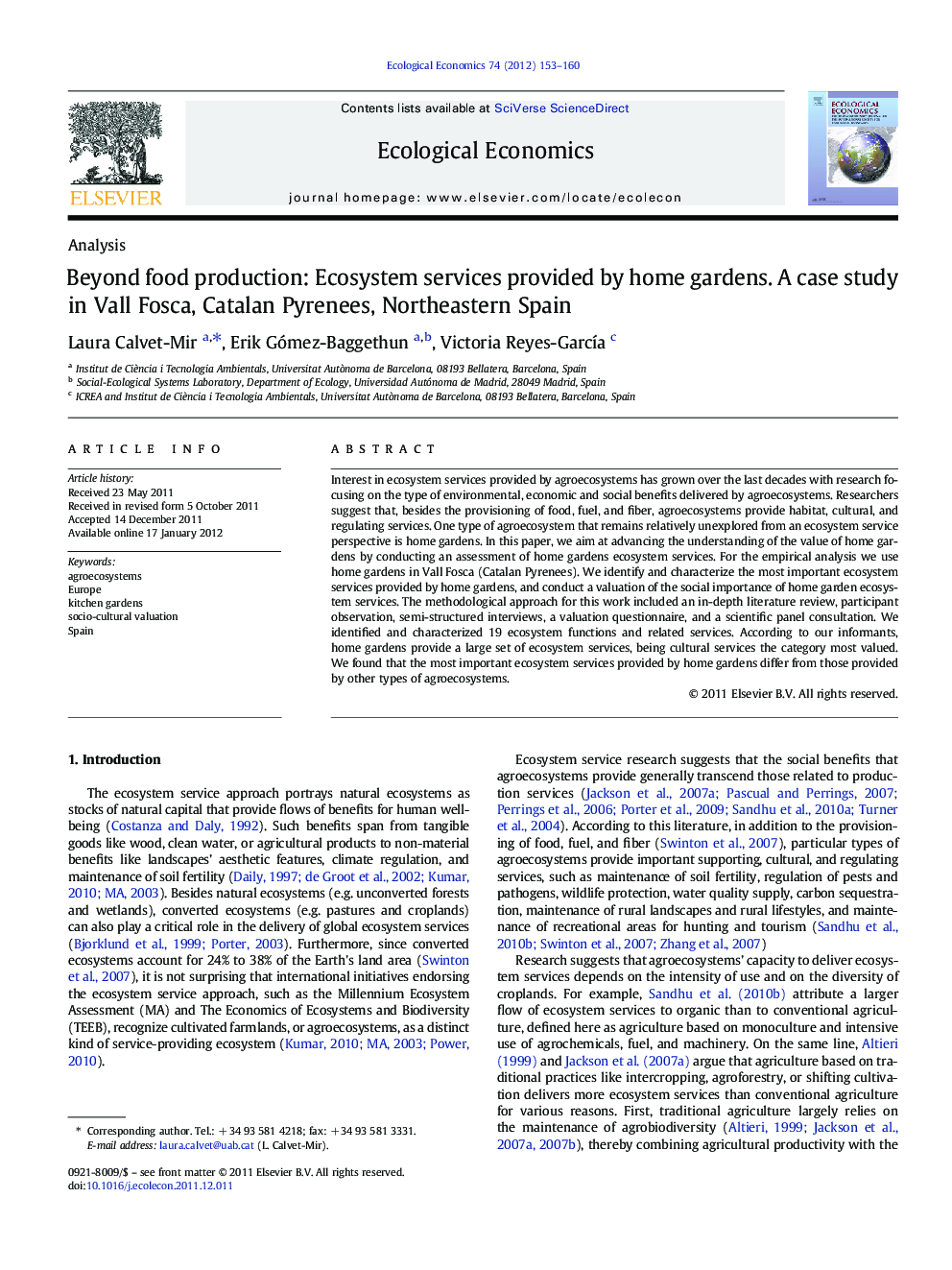 Beyond food production: Ecosystem services provided by home gardens. A case study in Vall Fosca, Catalan Pyrenees, Northeastern Spain