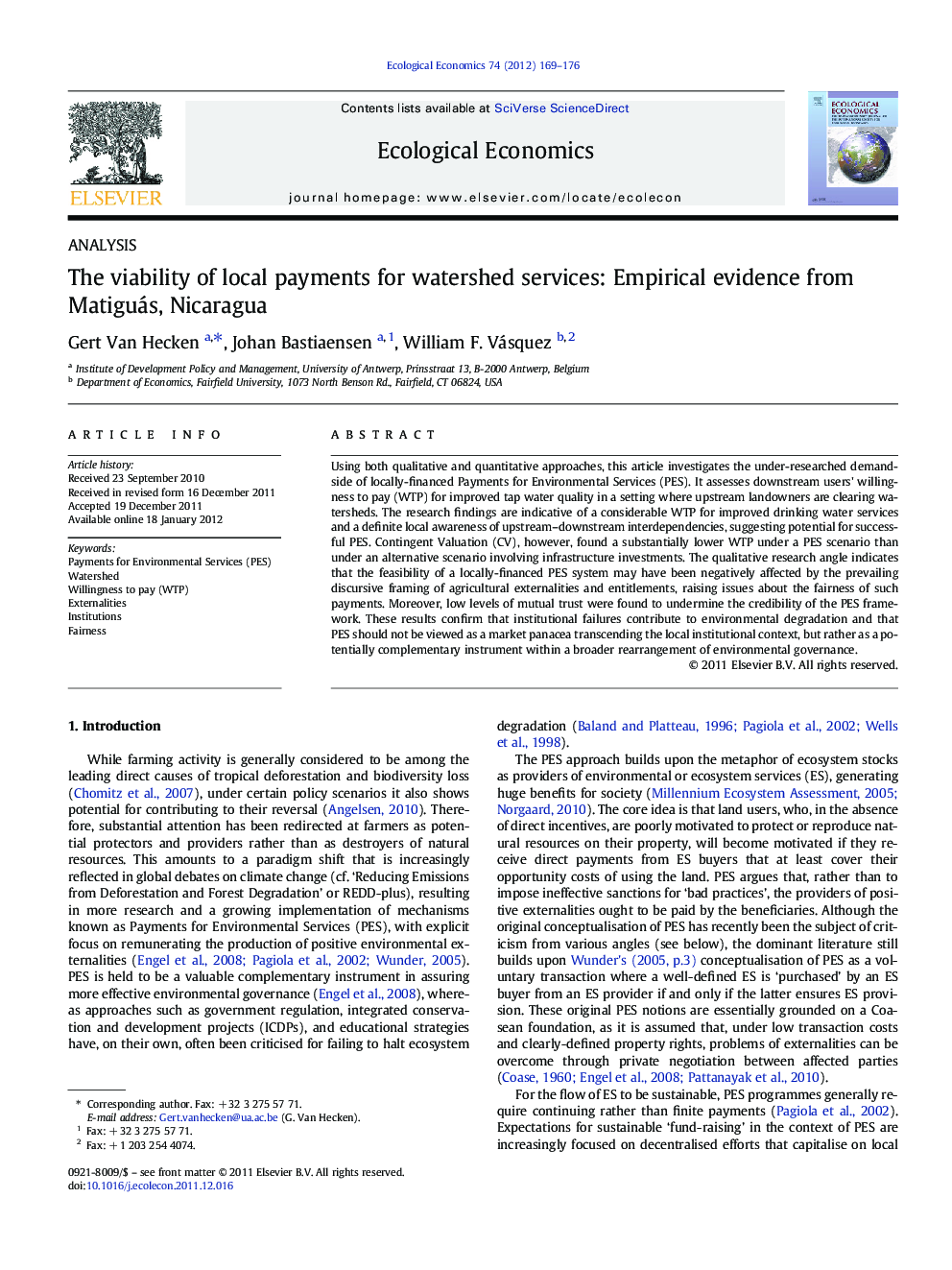 The viability of local payments for watershed services: Empirical evidence from Matiguás, Nicaragua