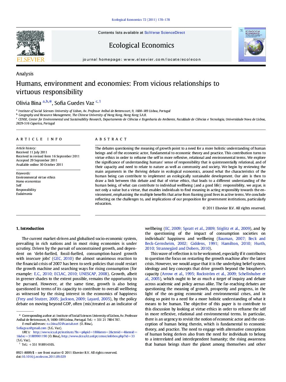 Humans, environment and economies: From vicious relationships to virtuous responsibility