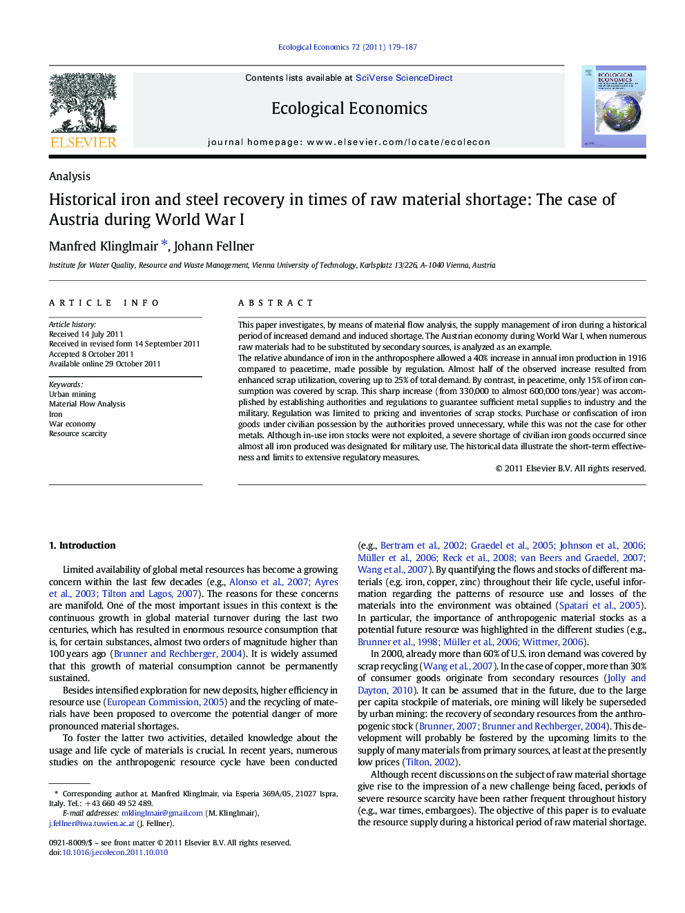 Historical iron and steel recovery in times of raw material shortage: The case of Austria during World War I