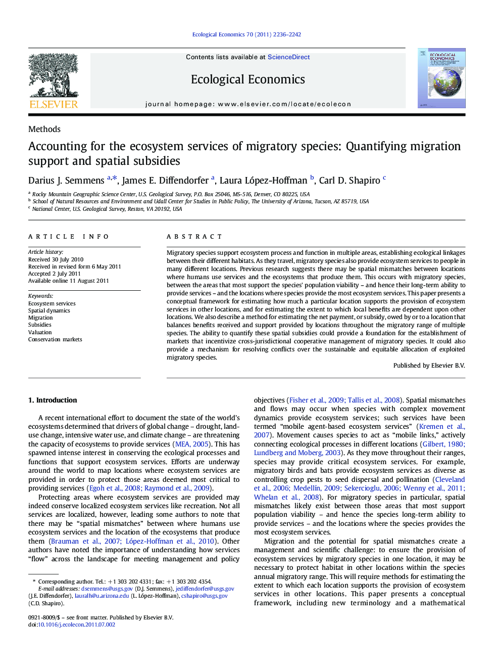 Accounting for the ecosystem services of migratory species: Quantifying migration support and spatial subsidies