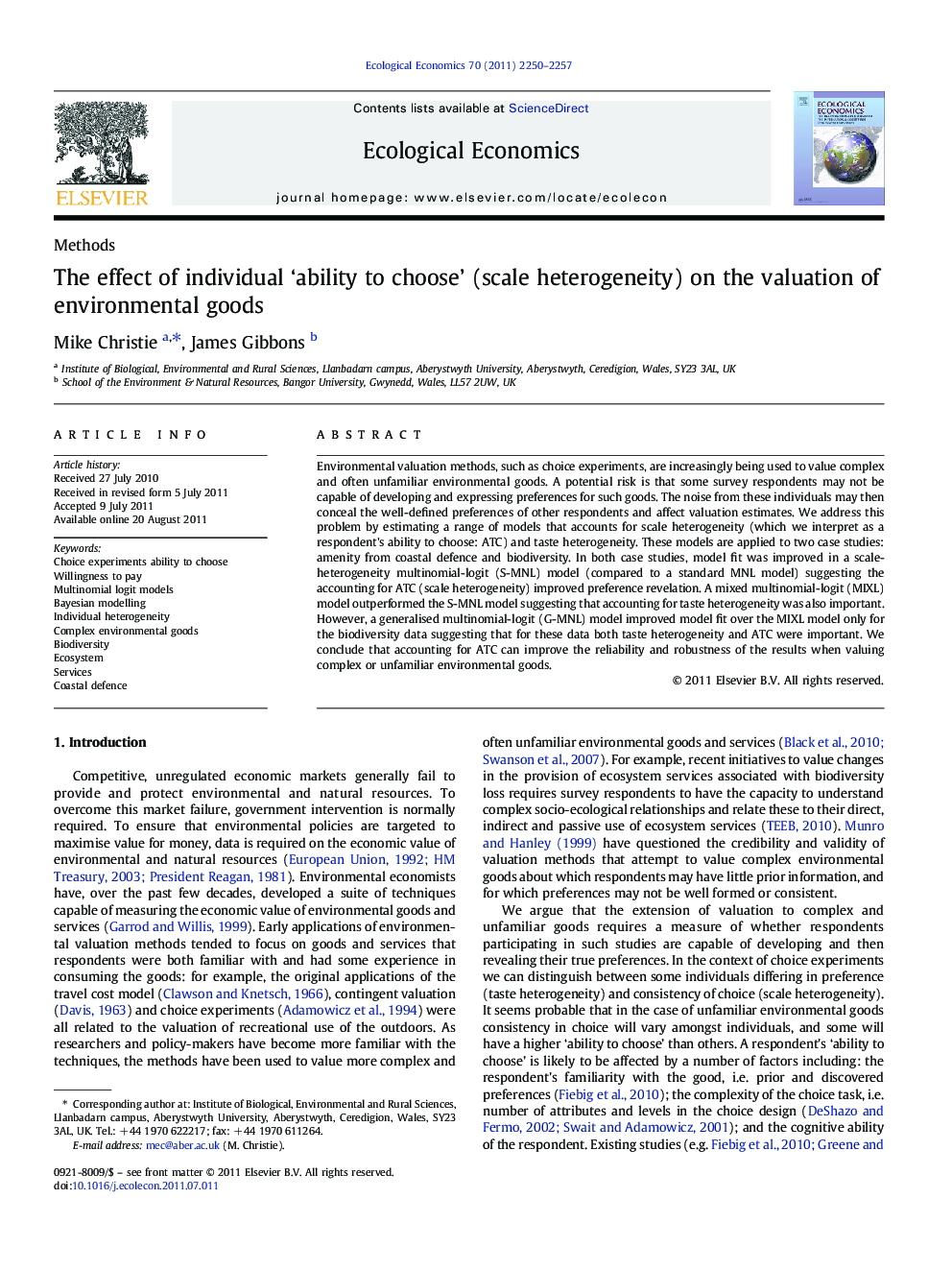 The effect of individual 'ability to choose' (scale heterogeneity) on the valuation of environmental goods