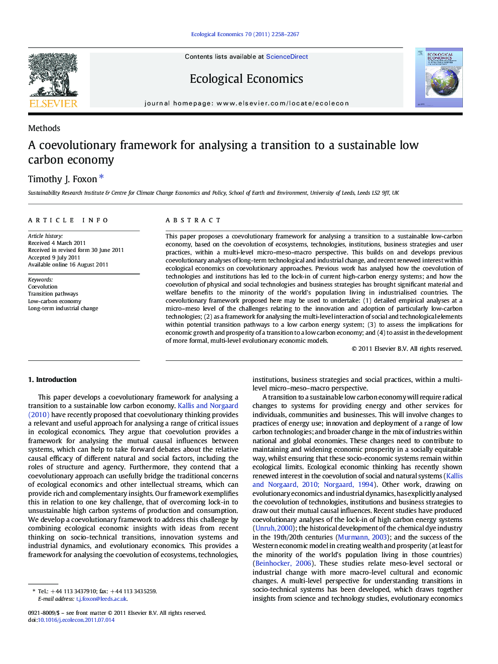 A coevolutionary framework for analysing a transition to a sustainable low carbon economy