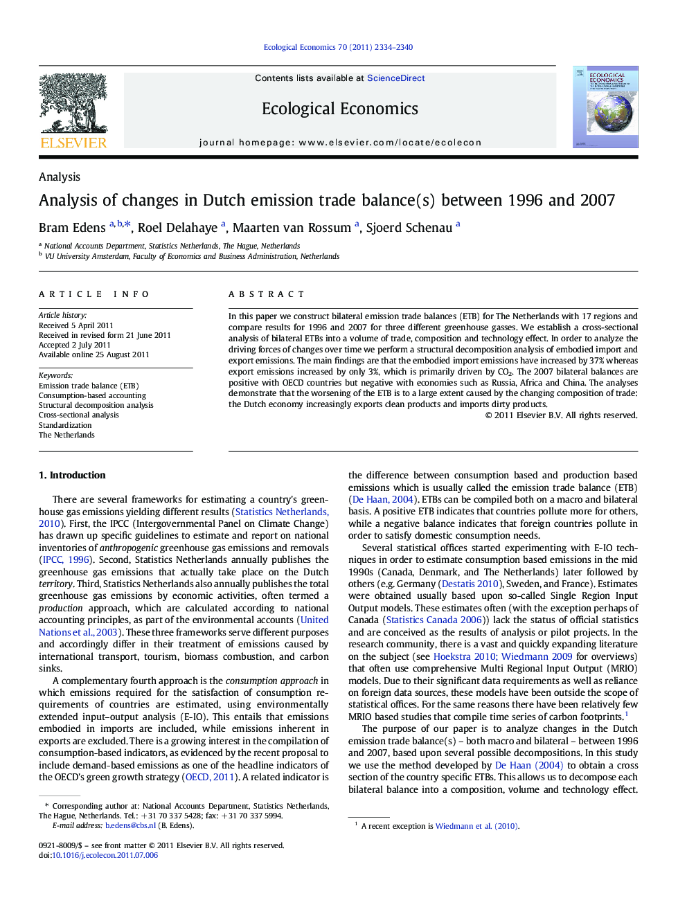 Analysis of changes in Dutch emission trade balance(s) between 1996 and 2007