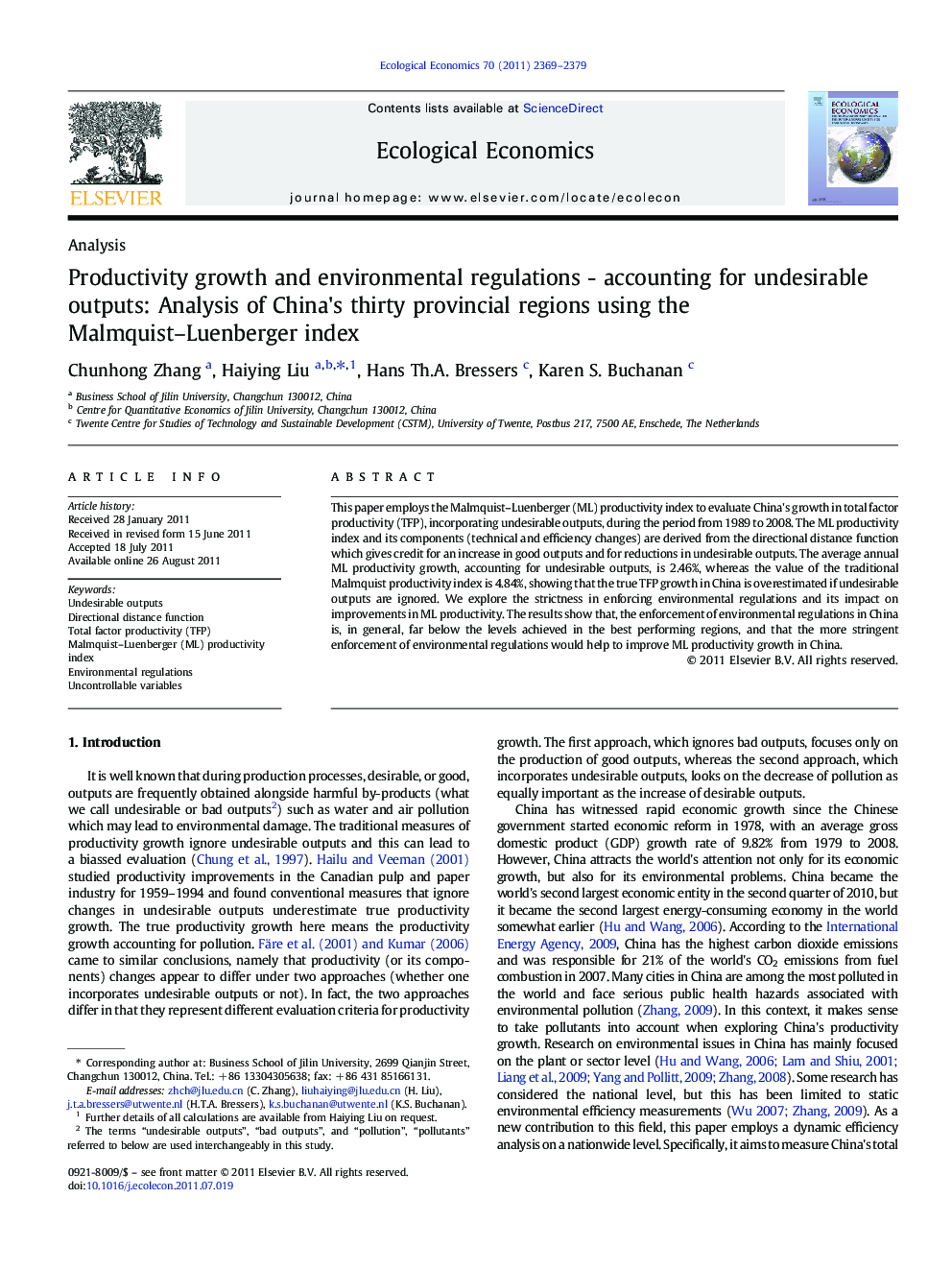 Productivity growth and environmental regulations - accounting for undesirable outputs: Analysis of China's thirty provincial regions using the Malmquist-Luenberger index