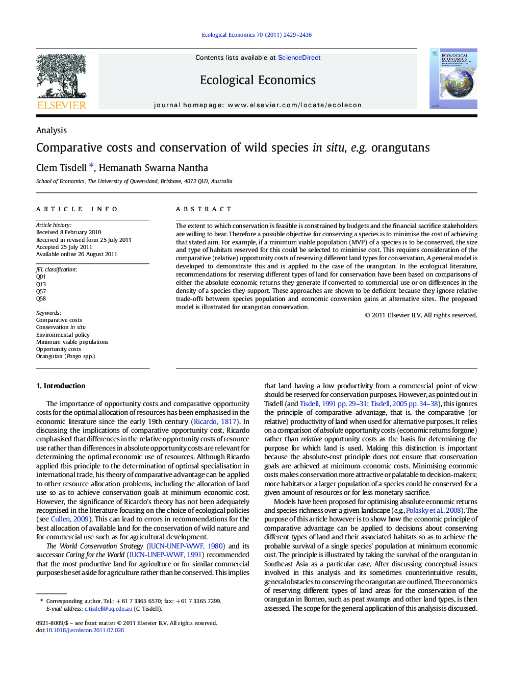 Comparative costs and conservation of wild species in situ, e.g. orangutans