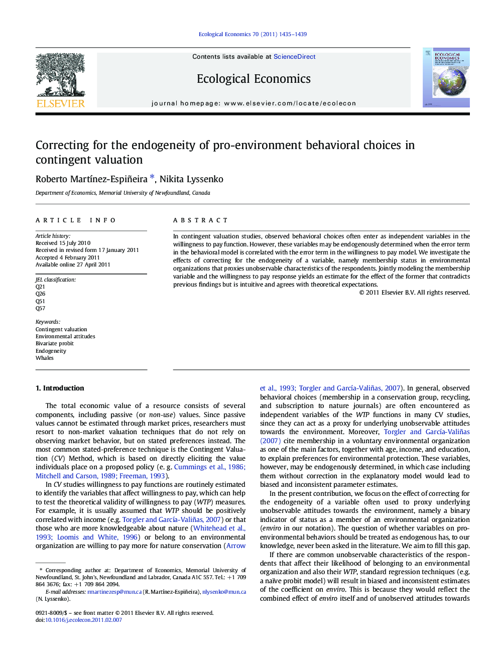 Correcting for the endogeneity of pro-environment behavioral choices in contingent valuation