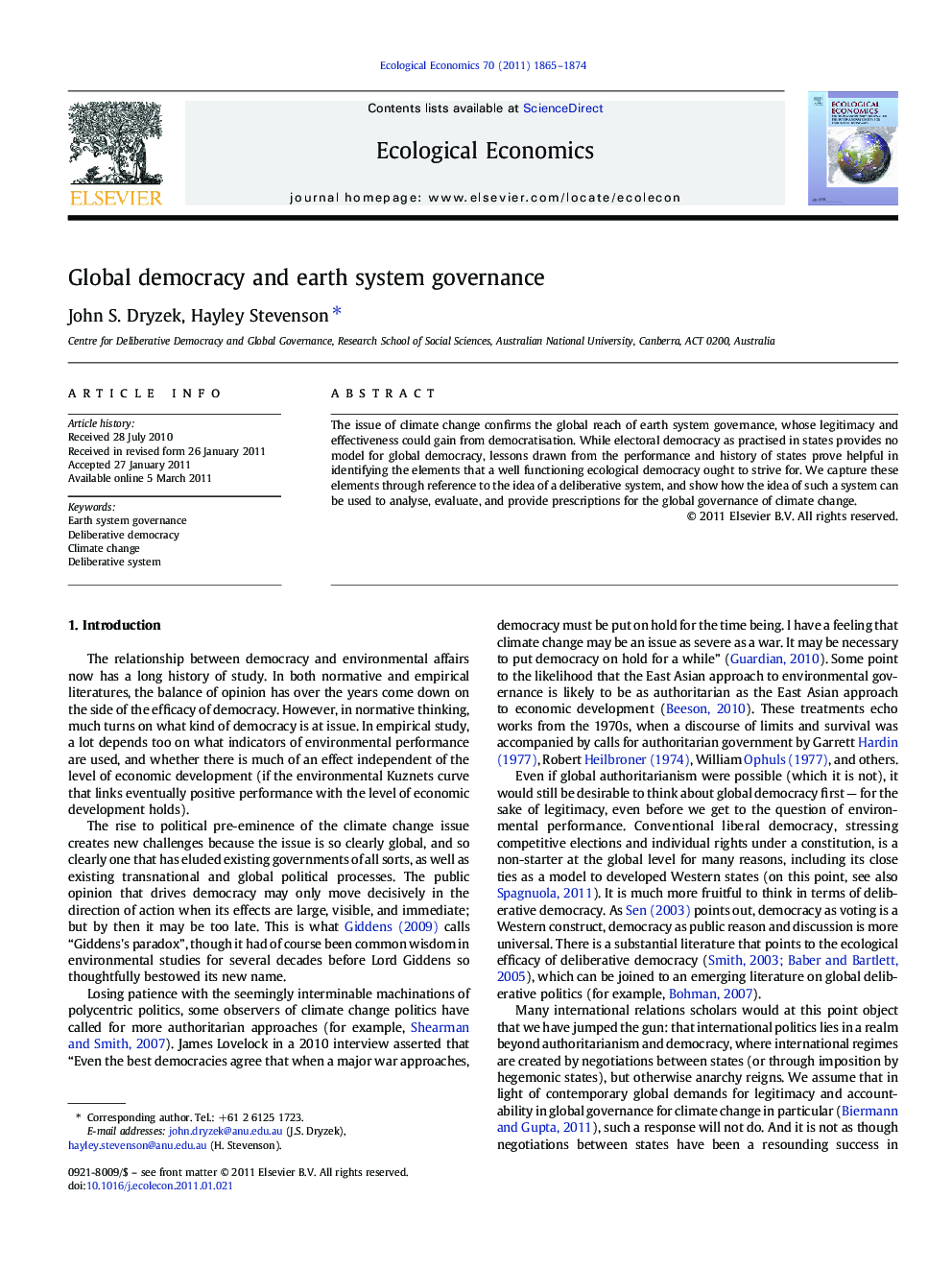 Global democracy and earth system governance