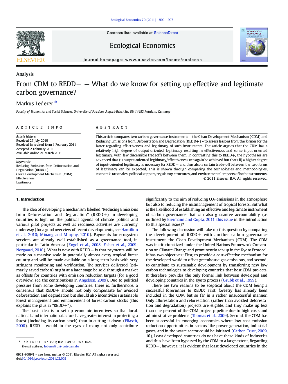 From CDM to REDD+ - What do we know for setting up effective and legitimate carbon governance?