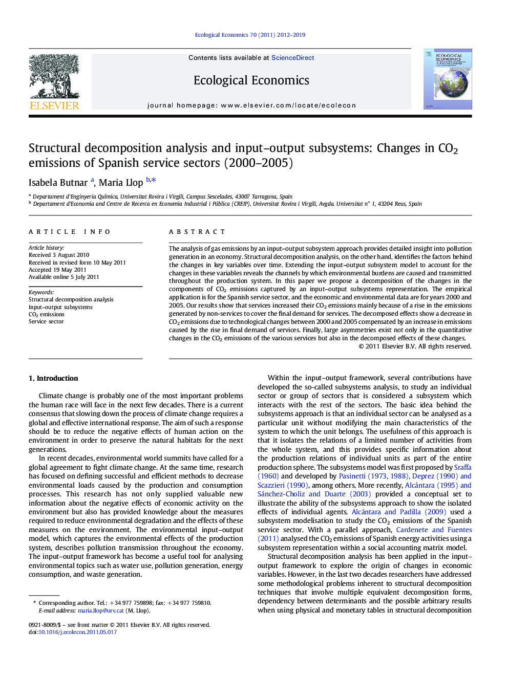 Structural decomposition analysis and input-output subsystems: Changes in CO2 emissions of Spanish service sectors (2000-2005)