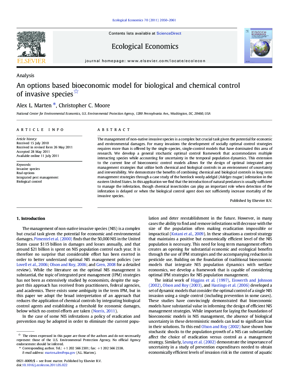 An options based bioeconomic model for biological and chemical control of invasive species