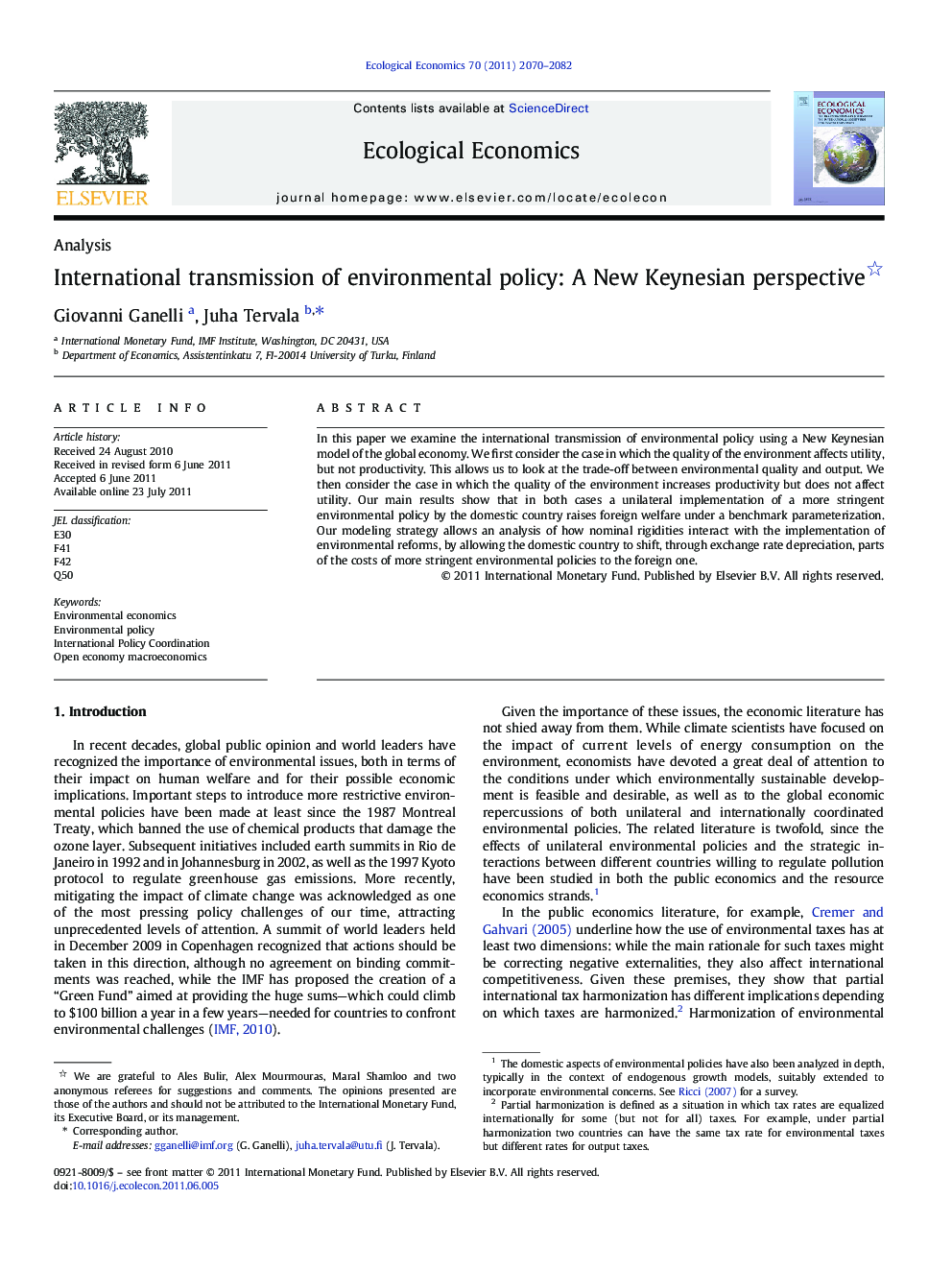 International transmission of environmental policy: A New Keynesian perspective