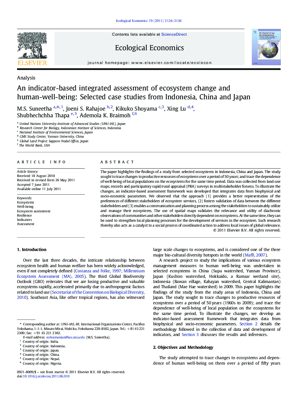 An indicator-based integrated assessment of ecosystem change and human-well-being: Selected case studies from Indonesia, China and Japan