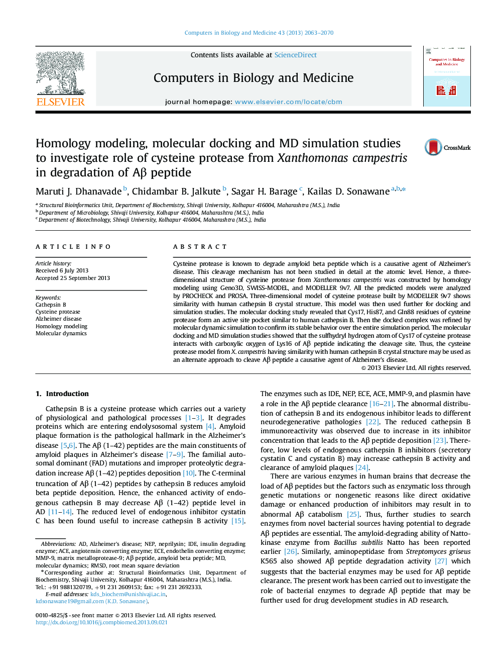 Homology modeling, molecular docking and MD simulation studies to investigate role of cysteine protease from Xanthomonas campestris in degradation of Aβ peptide