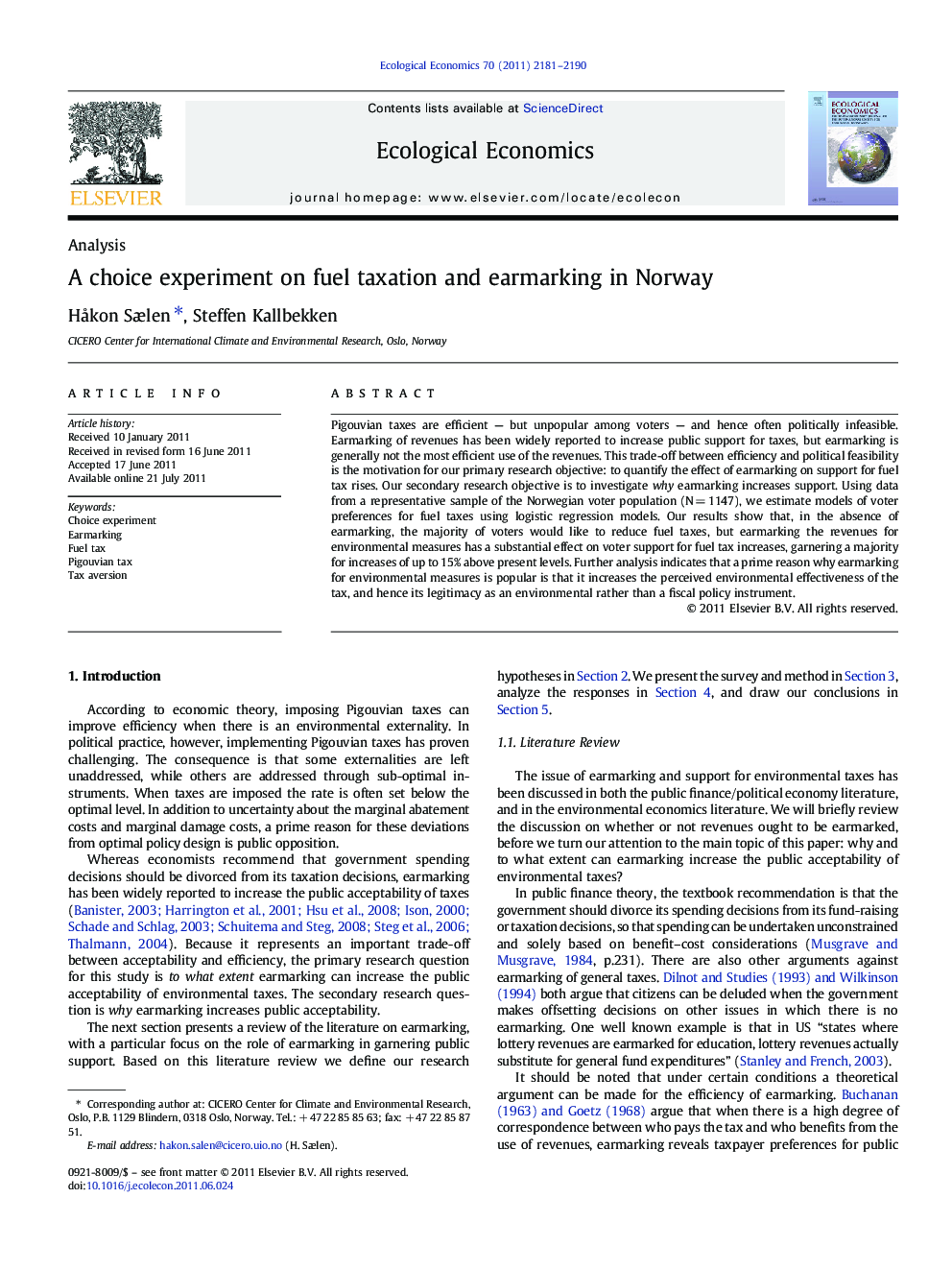 A choice experiment on fuel taxation and earmarking in Norway