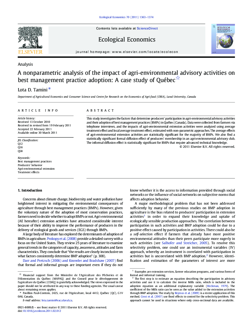 A nonparametric analysis of the impact of agri-environmental advisory activities on best management practice adoption: A case study of Québec