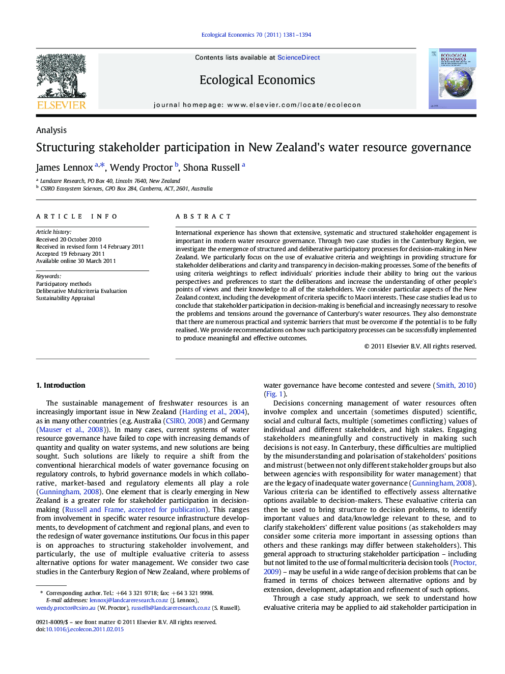 Structuring stakeholder participation in New Zealand's water resource governance