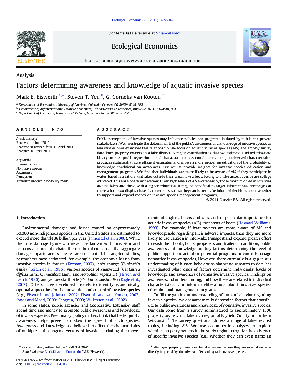 Factors determining awareness and knowledge of aquatic invasive species