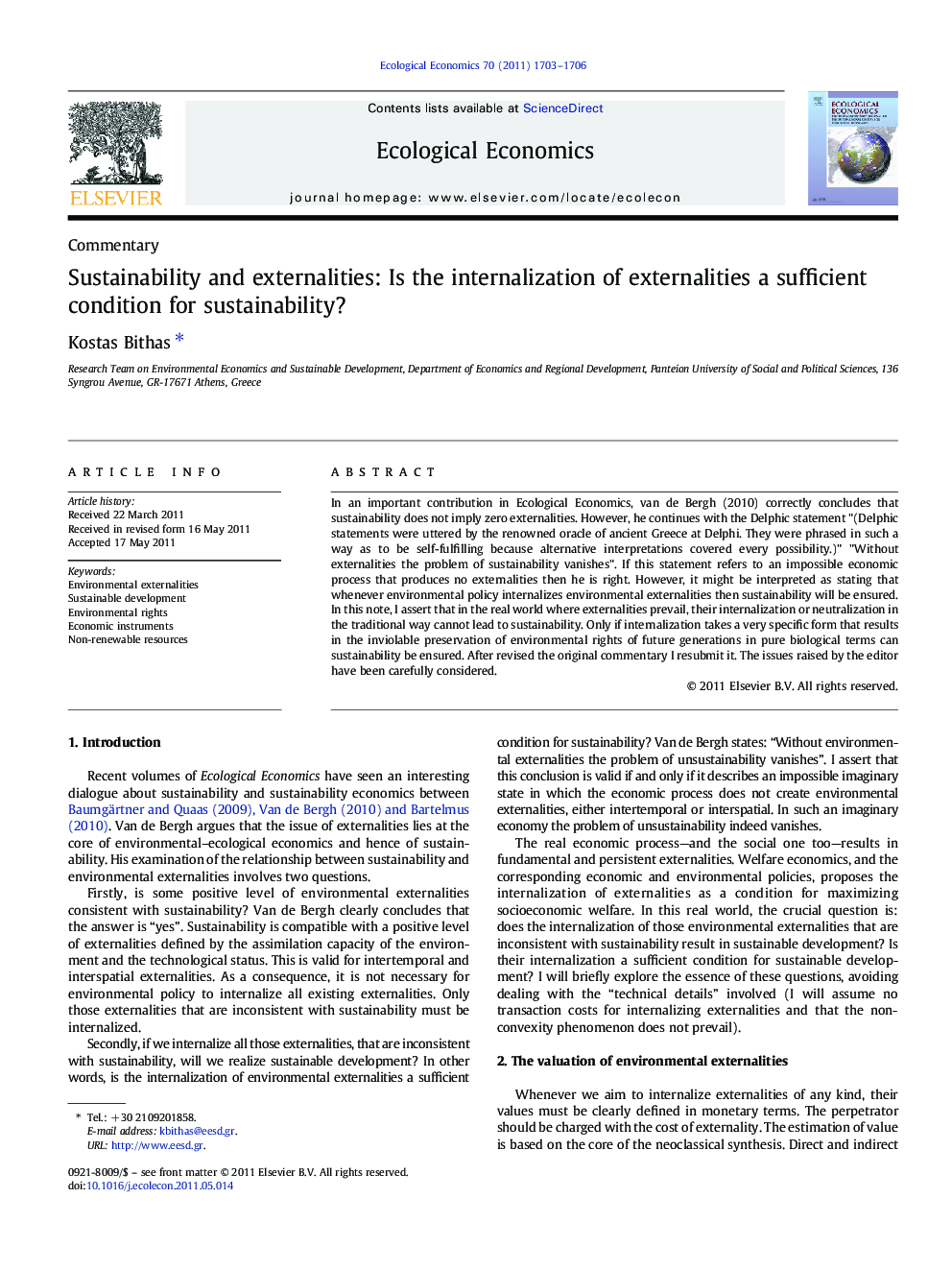 Sustainability and externalities: Is the internalization of externalities a sufficient condition for sustainability?