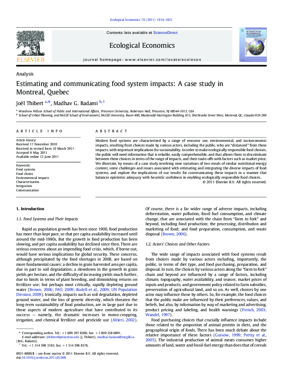 Estimating and communicating food system impacts: A case study in Montreal, Quebec