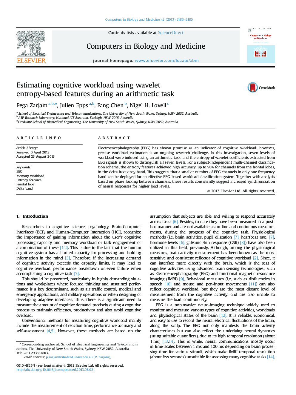 Estimating cognitive workload using wavelet entropy-based features during an arithmetic task