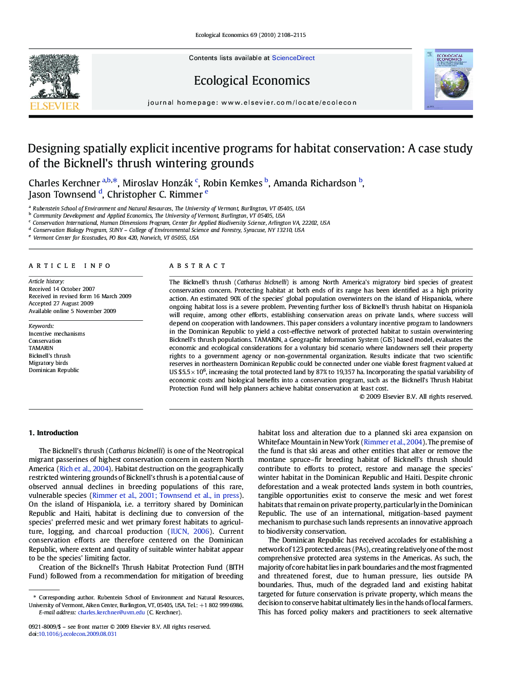 Designing spatially explicit incentive programs for habitat conservation: A case study of the Bicknell's thrush wintering grounds