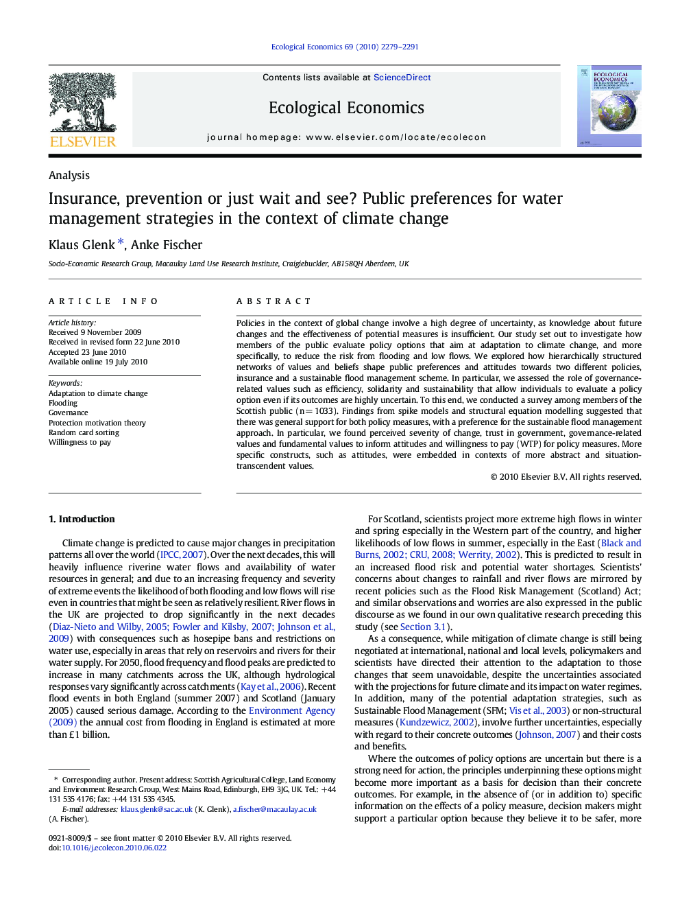 AnalysisInsurance, prevention or just wait and see? Public preferences for water management strategies in the context of climate change