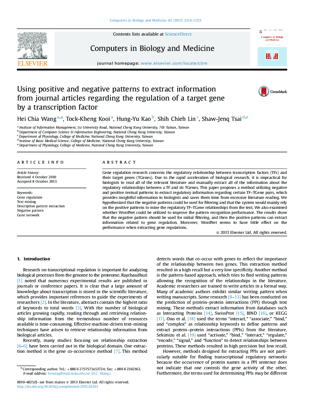 Using positive and negative patterns to extract information from journal articles regarding the regulation of a target gene by a transcription factor