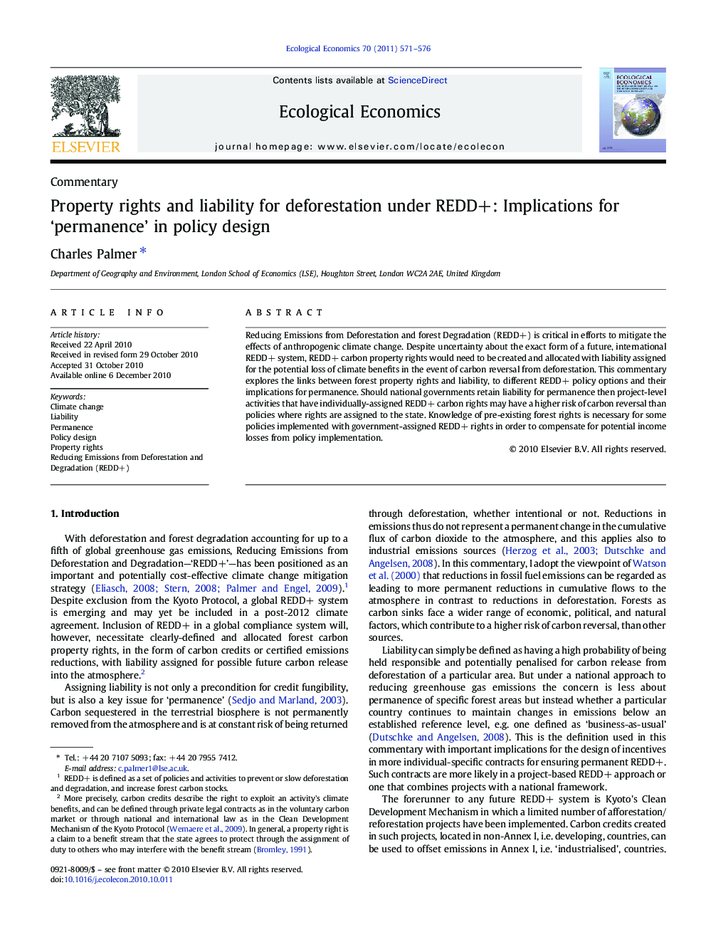 Property rights and liability for deforestation under REDD+: Implications for 'permanence' in policy design