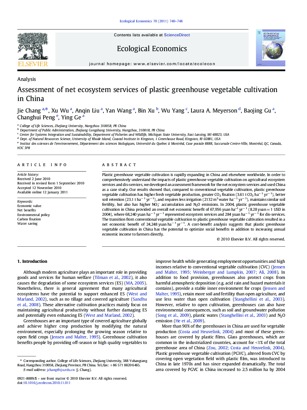 Assessment of net ecosystem services of plastic greenhouse vegetable cultivation in China