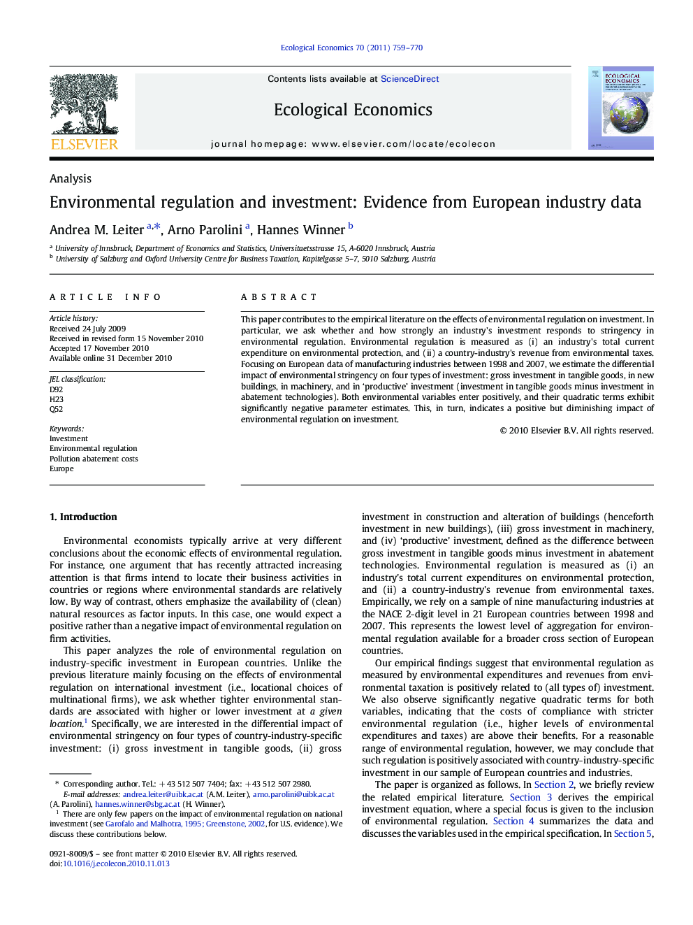 Environmental regulation and investment: Evidence from European industry data