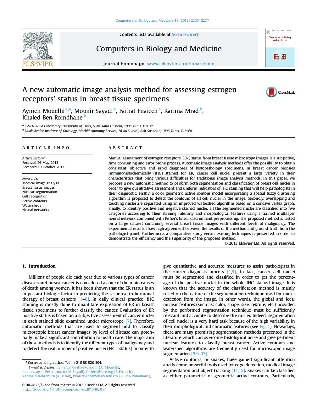 A new automatic image analysis method for assessing estrogen receptors’ status in breast tissue specimens