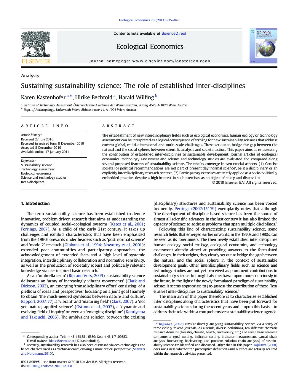 Sustaining sustainability science: The role of established inter-disciplines