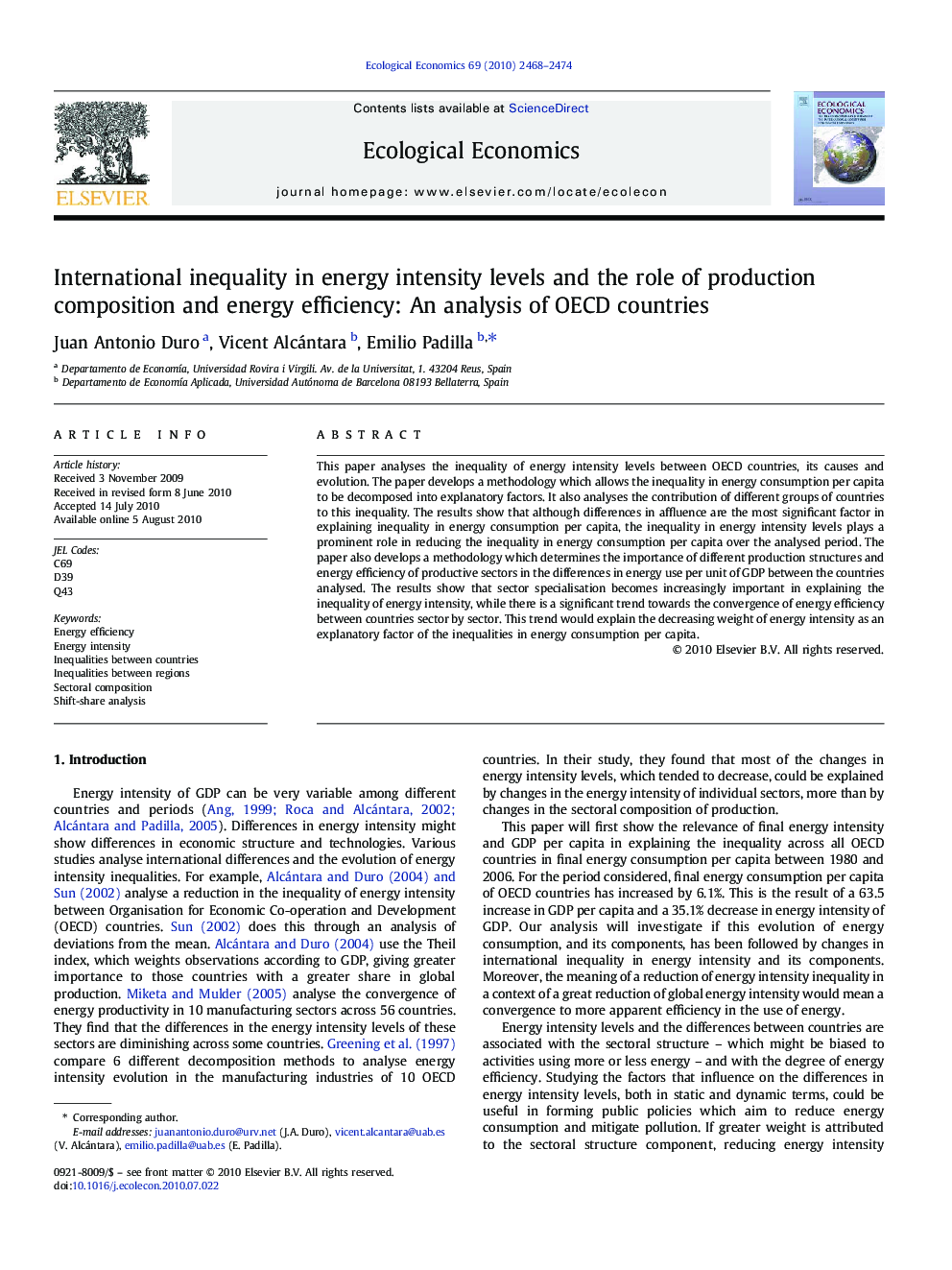 International inequality in energy intensity levels and the role of production composition and energy efficiency: An analysis of OECD countries