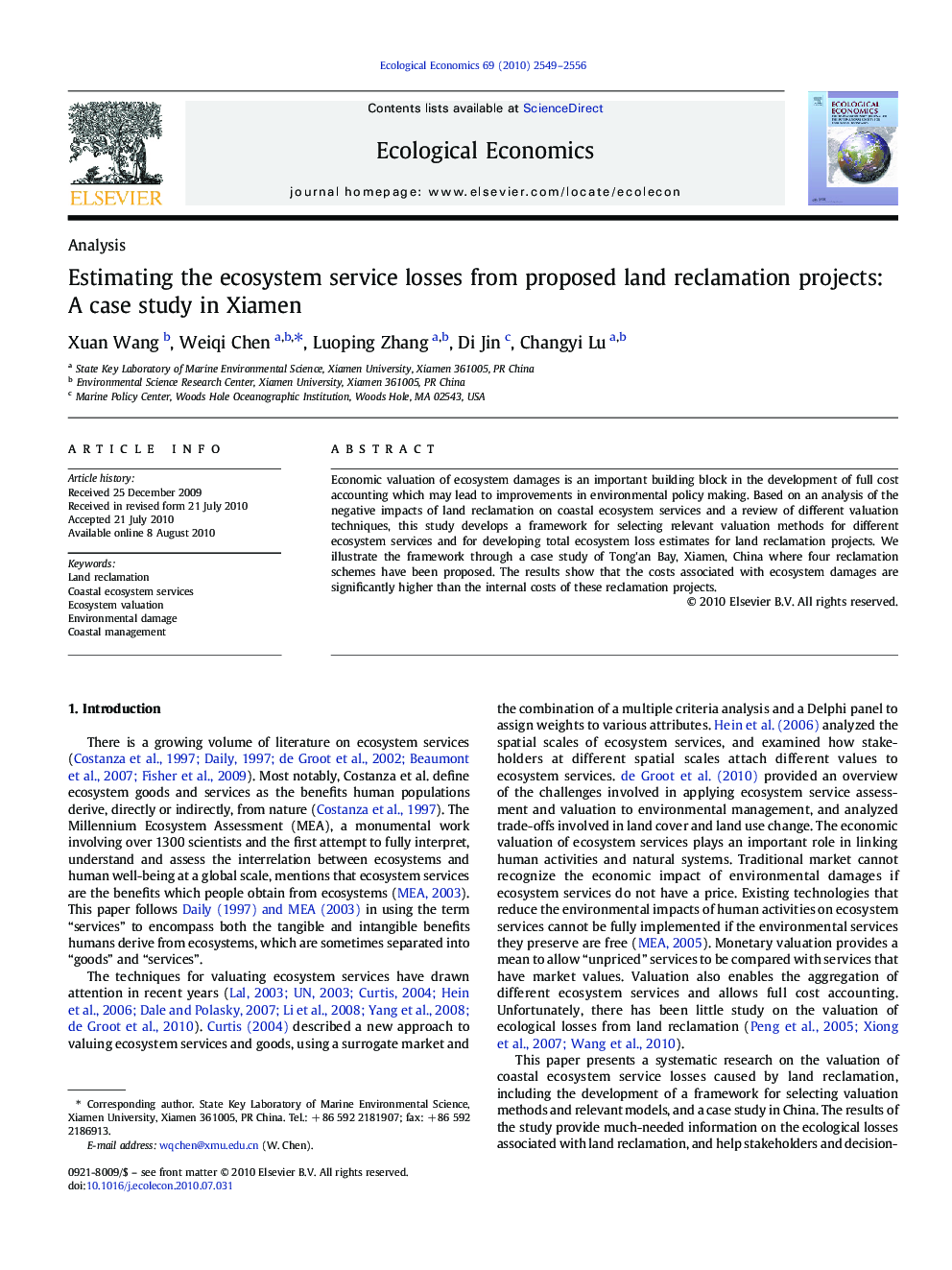 Estimating the ecosystem service losses from proposed land reclamation projects: A case study in Xiamen