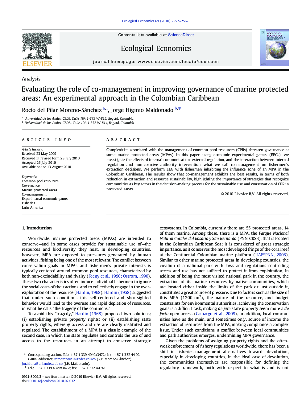 Evaluating the role of co-management in improving governance of marine protected areas: An experimental approach in the Colombian Caribbean