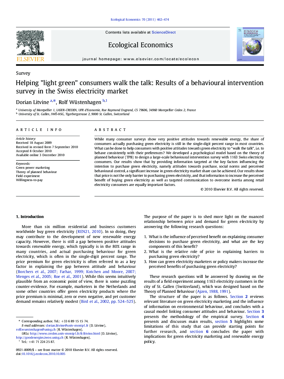 Helping "light green" consumers walk the talk: Results of a behavioural intervention survey in the Swiss electricity market