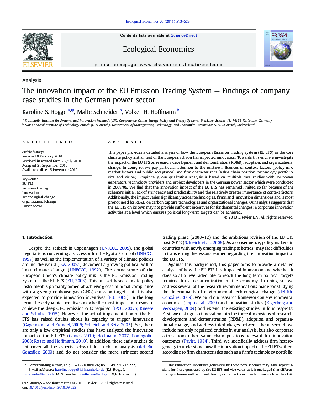 The innovation impact of the EU Emission Trading System - Findings of company case studies in the German power sector